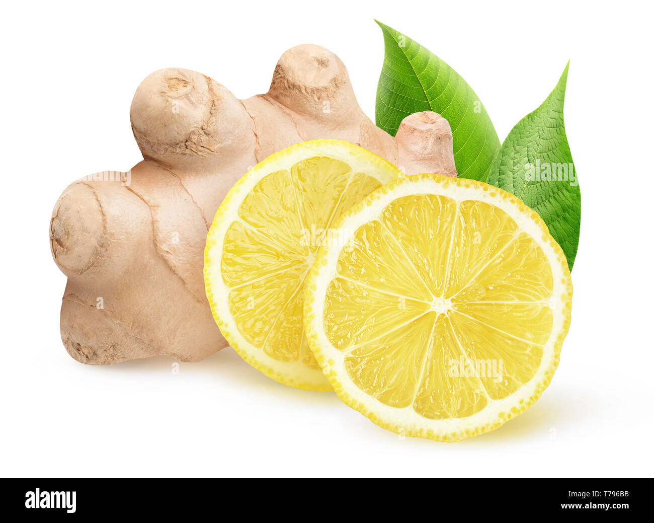Isolated ginger and lemon pieces. Natural medicine, antiflu ingredients isolated on white background with clipping path Stock Photo