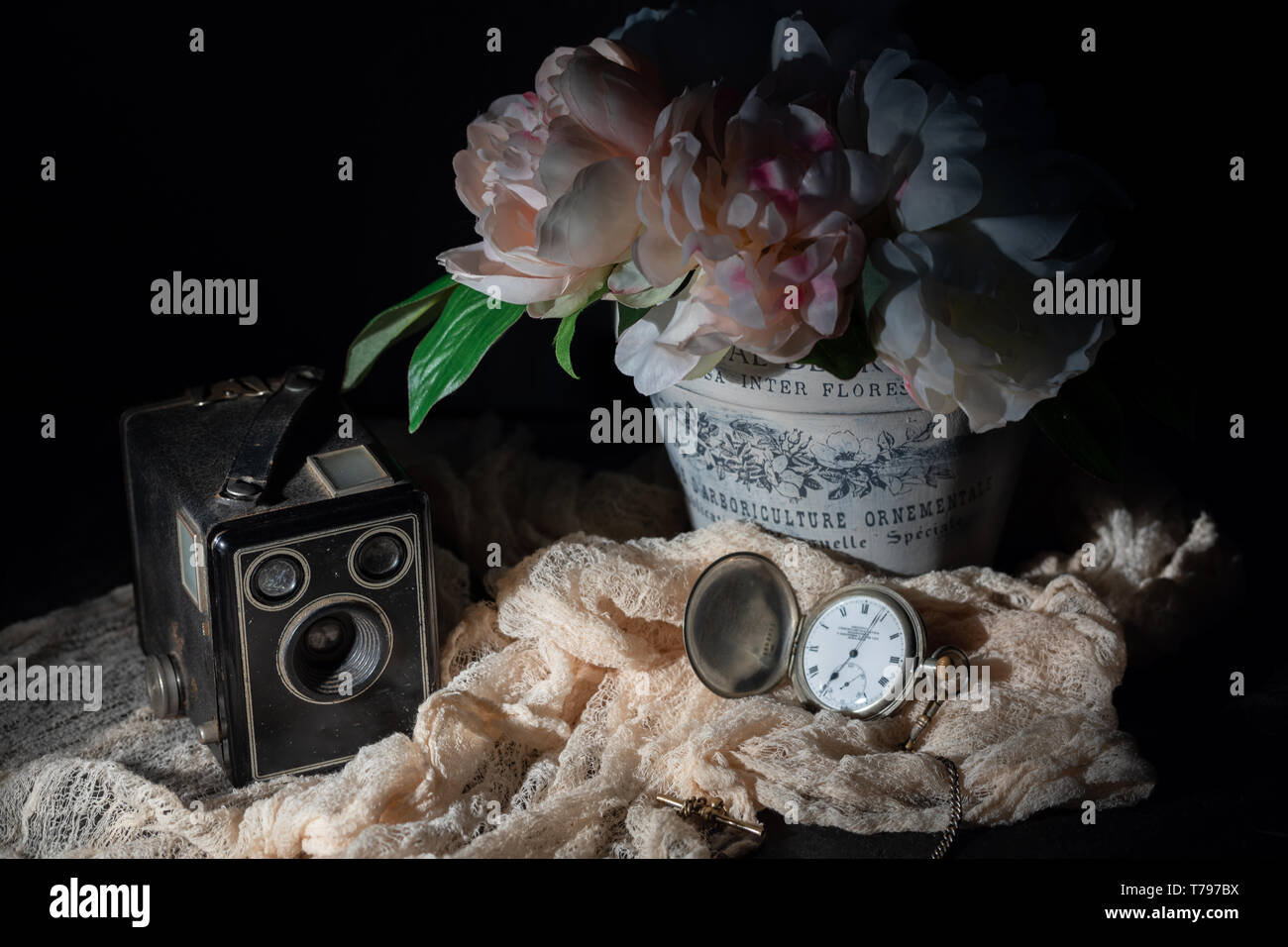 Vintage camera, old fob watch and flowers Stock Photo