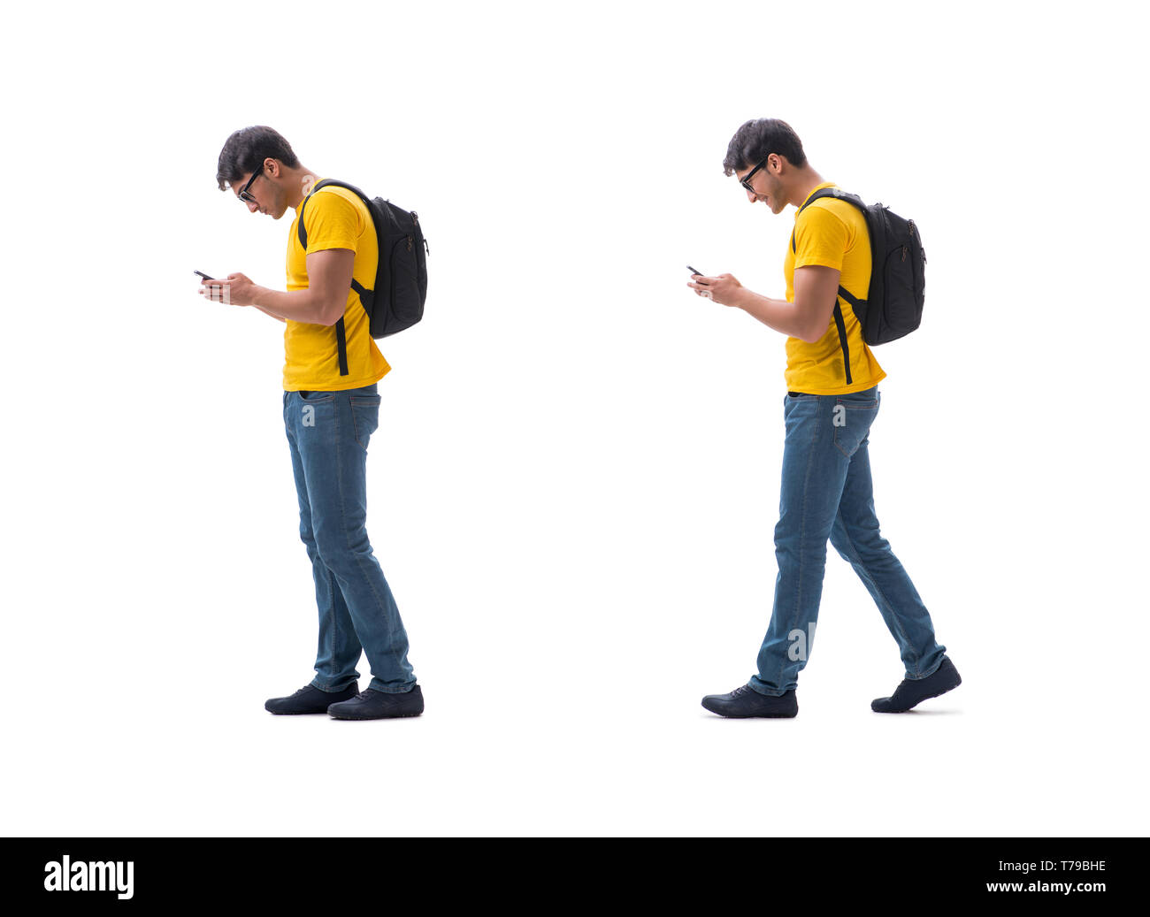 Student with backpack isolated on white Stock Photo