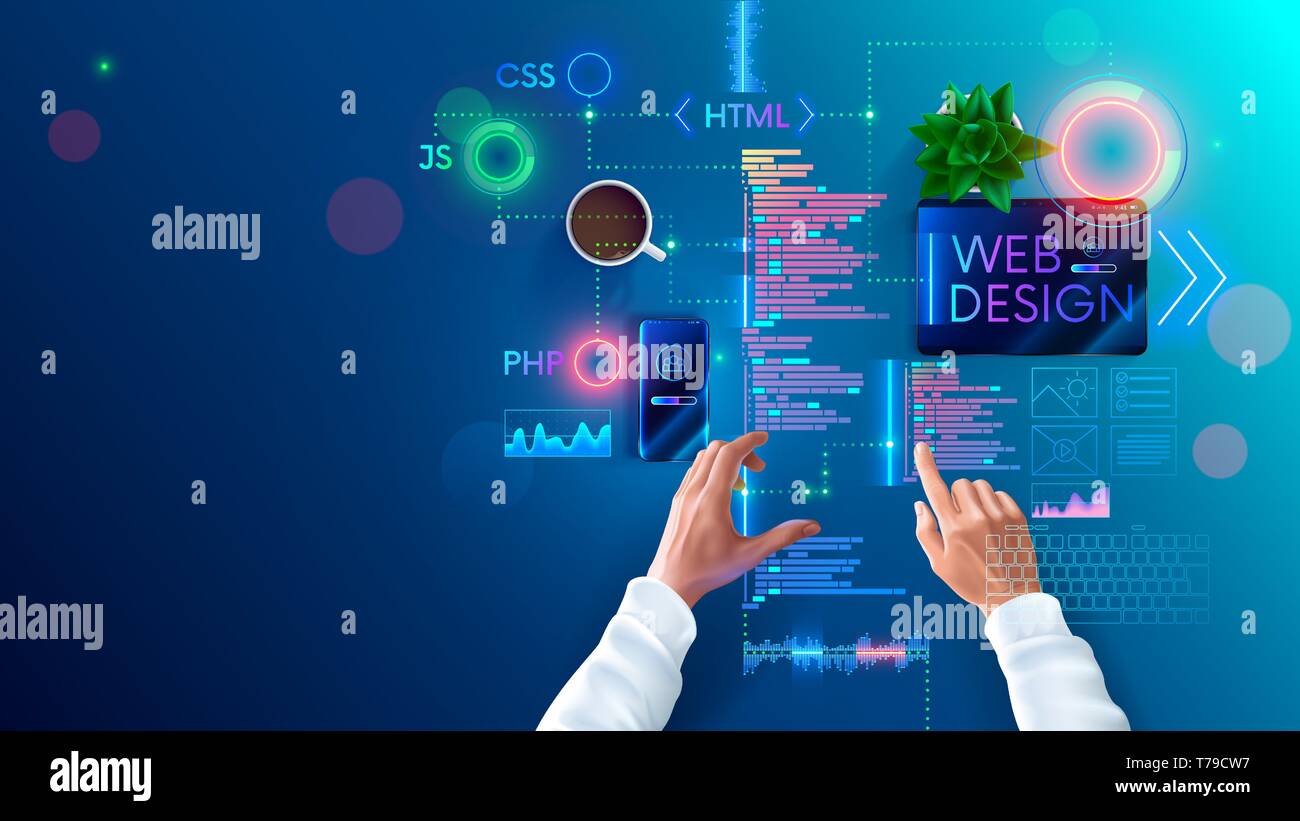 Web design and coding in internet page development languages. Designer develops site layout in programming languages and scripts. Banner concept of Stock Vector