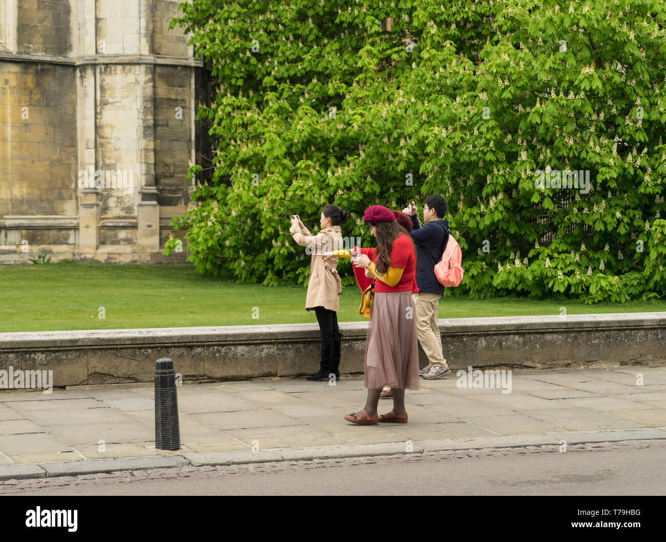 Oriental people taking photos on mobile phones Cambridge 2019 Stock Photo