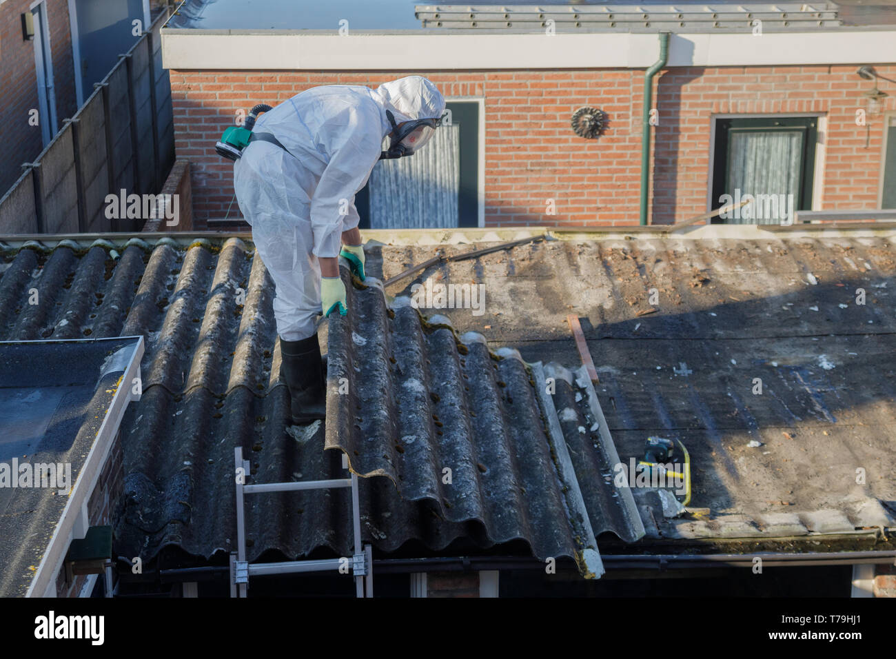 Professional asbestos removal. Men in protective suits are removing asbestos cement corrugated roofing Stock Photo