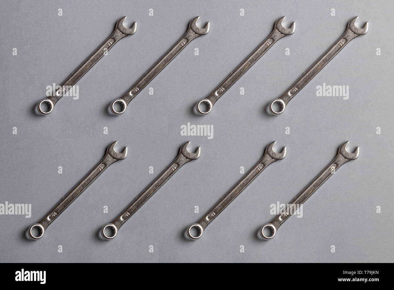 the set of spanners lying parallel each other, top view shot. Stock Photo