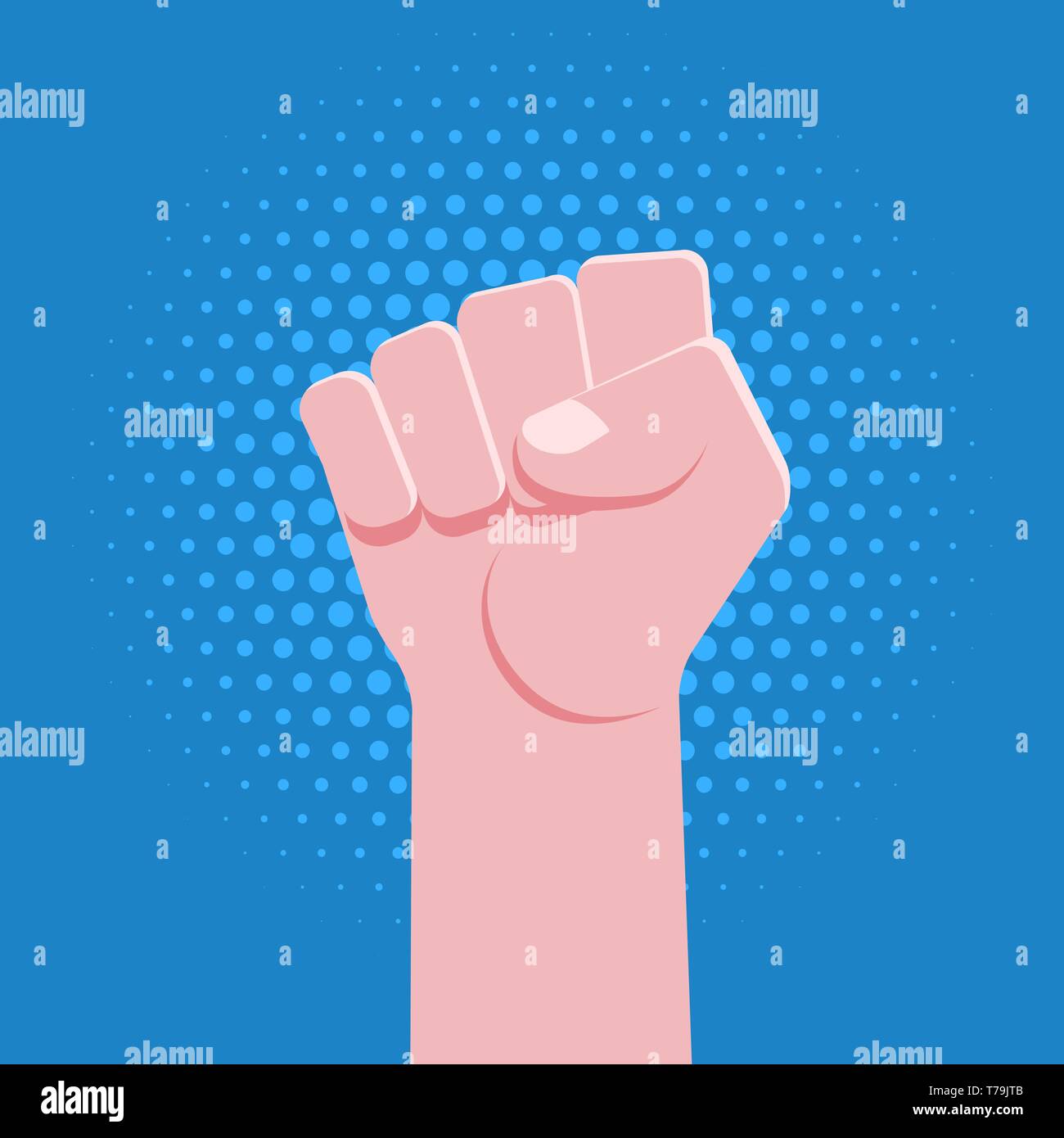vector symbolic raised clenched power fist male hand protest concept sign vintage illustration retro poster design isolated on blue dotted background Stock Vector