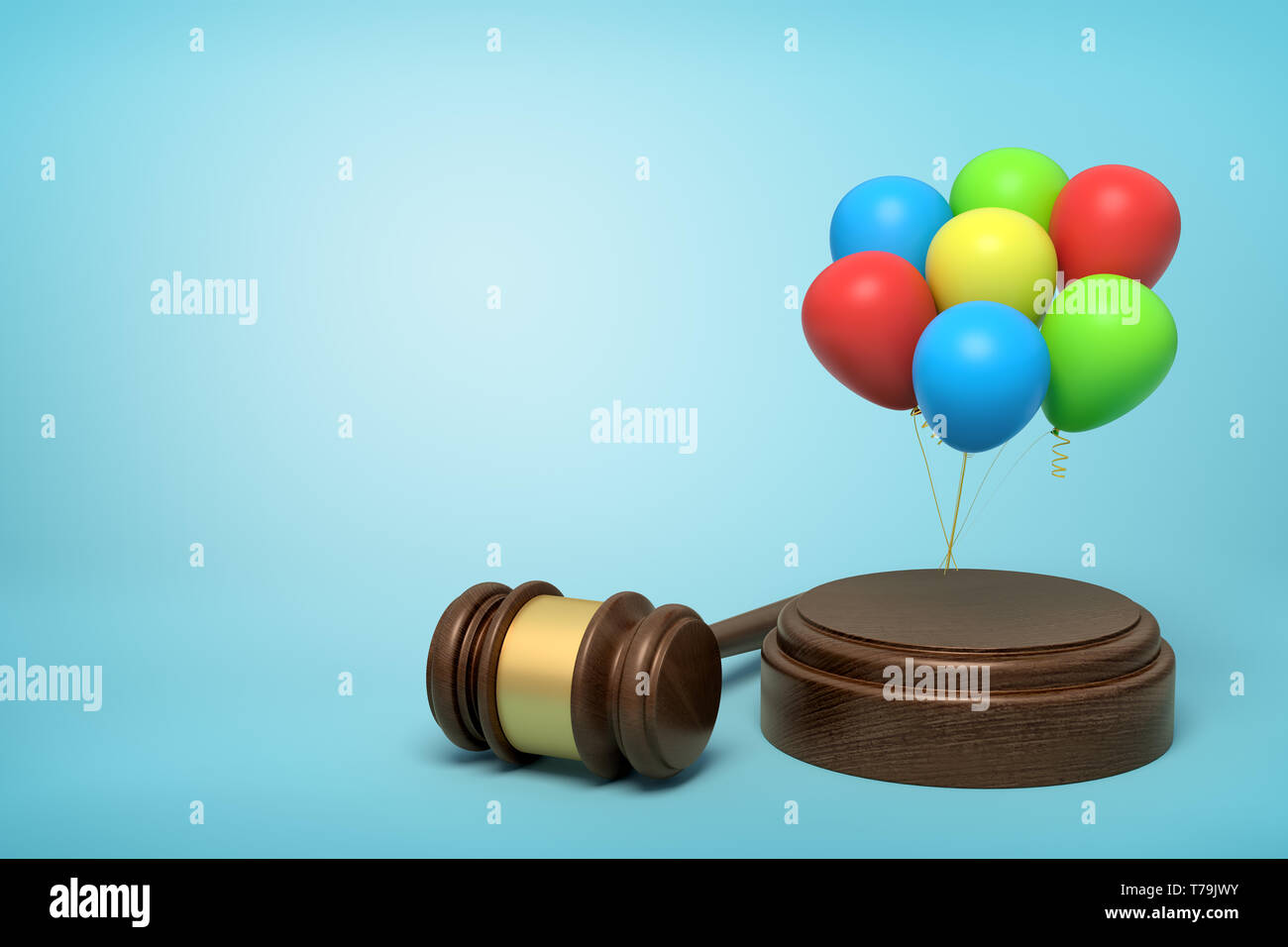 3d rendering of colorful balloons on round wooden block and brown wooden gavel on blue background Stock Photo