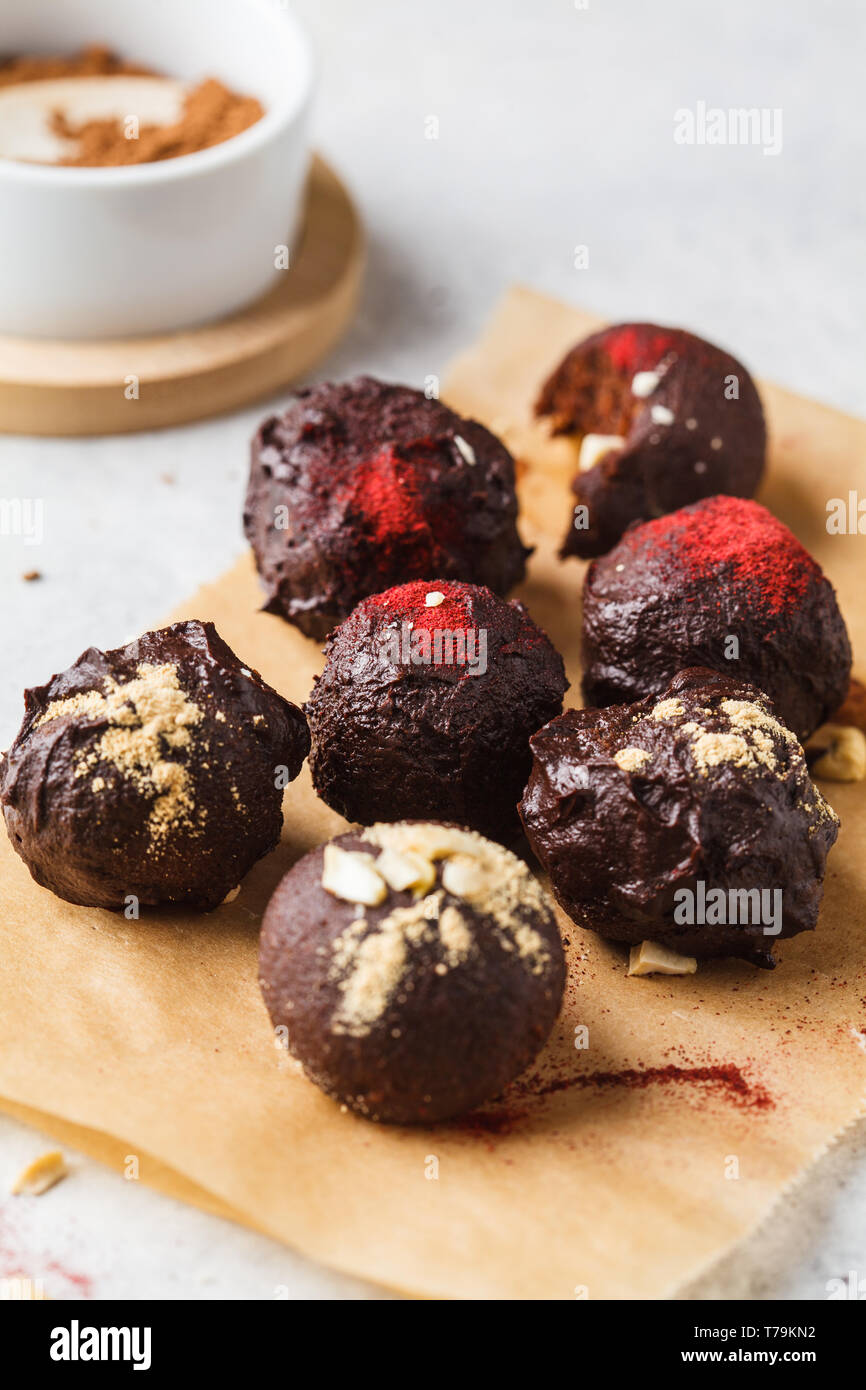 Healthy raw vegan energy balls with cocoa, dates, maca, chia on white background Stock Photo Alamy