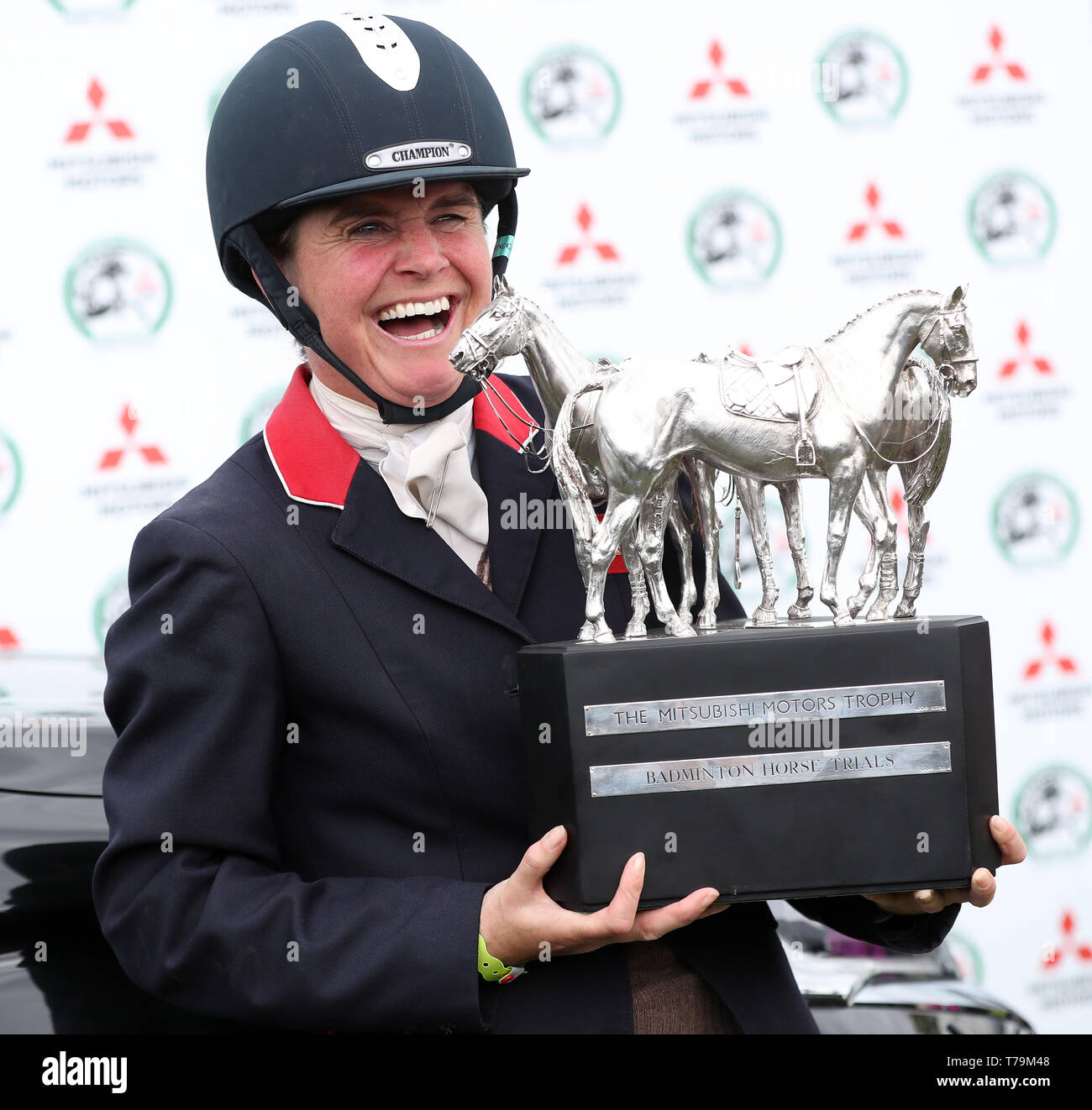 Piggy French celebrates her victory on Vanir Kamira during day four of the 2019 Mitsubishi Motors Badminton Horse Trials at The Badminton Estate, Gloucestershire. Stock Photo