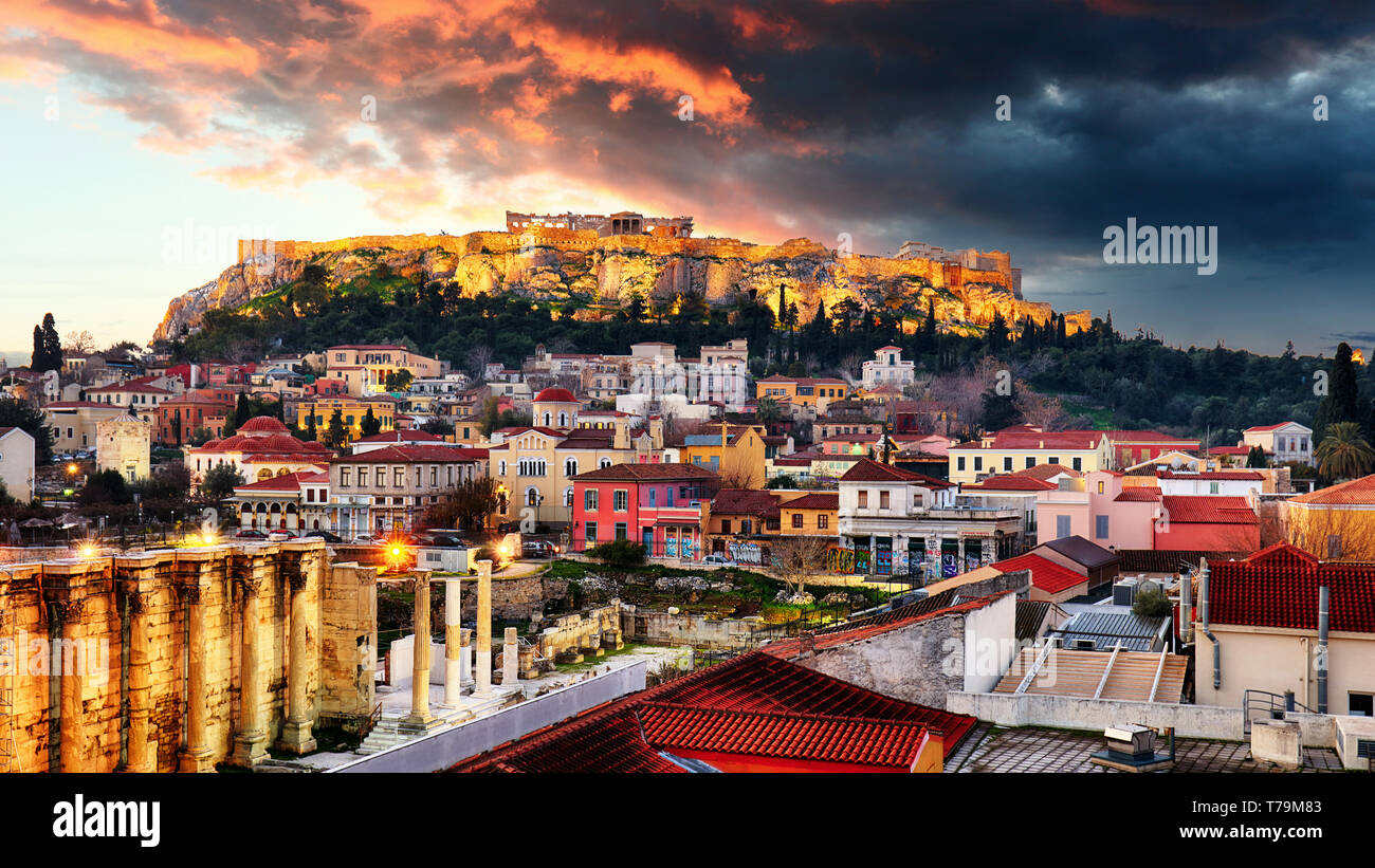 Acropolis with Parthenon temple against sunset in Athens, Greece Stock Photo