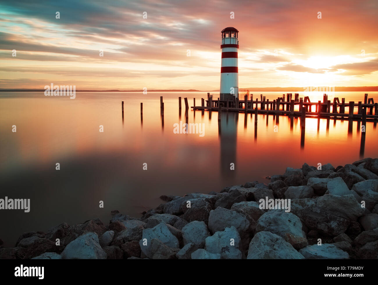 Landscape ocean sunset - lighthouse Stock Photo