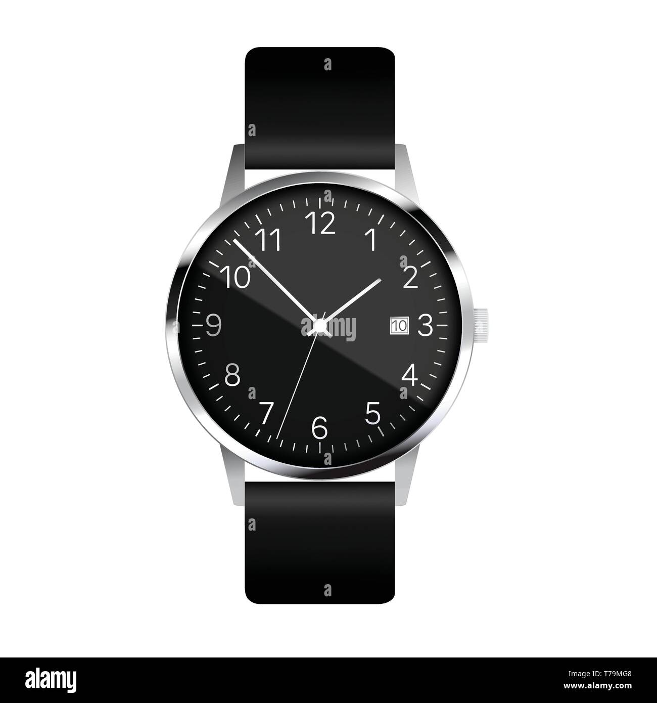 Realistic illustration of black metal wrist watches with reflections