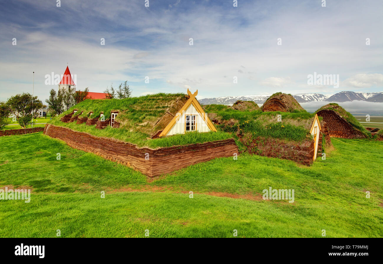 Lawn covering housee, iceland original buildings Stock Photo