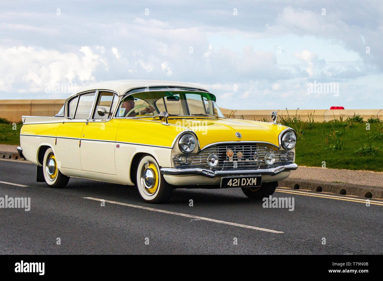 1962 60s yellow Vauxhall Cresta at Cleveleys Spring Car Show at Jubilee Gardens. A new location for Classic cars, veteran, retro collectible, restored, cherished old timers, heritage event, vintage, automobile Vehicle show by Blackpool Vehicle Preservation Group (BVPG). Stock Photo