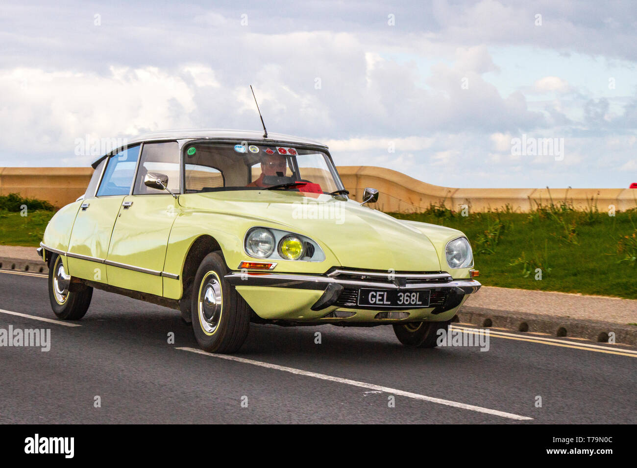 1972 70s yellow French Citroën DS at Cleveleys Spring Car Show at Jubilee Gardens in 2019. A new location for foreign Classic cars, veteran, retro collectable, restored, cherished old timers, heritage event, vintage, automobiles Stock Photo
