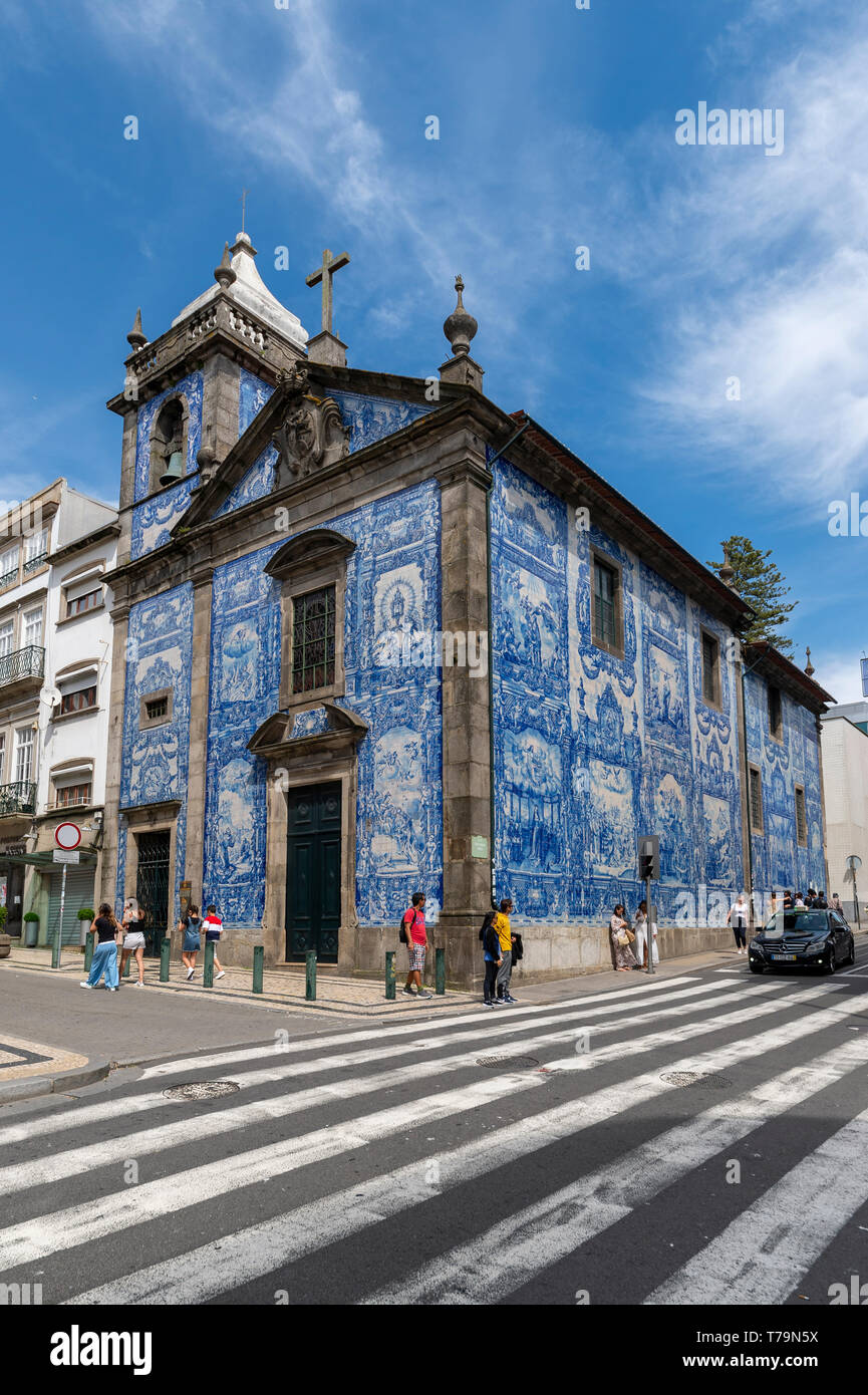 capela das Almas Church in Porto, Portugal. Blue azulejo tiled exterior facade. Stock Photo