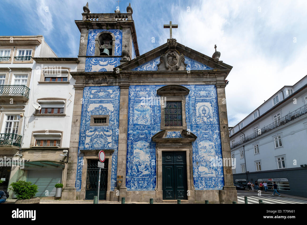 Capela das Almas Church in Porto, Portugal. Blue azulejo tiled exterior facade. Stock Photo