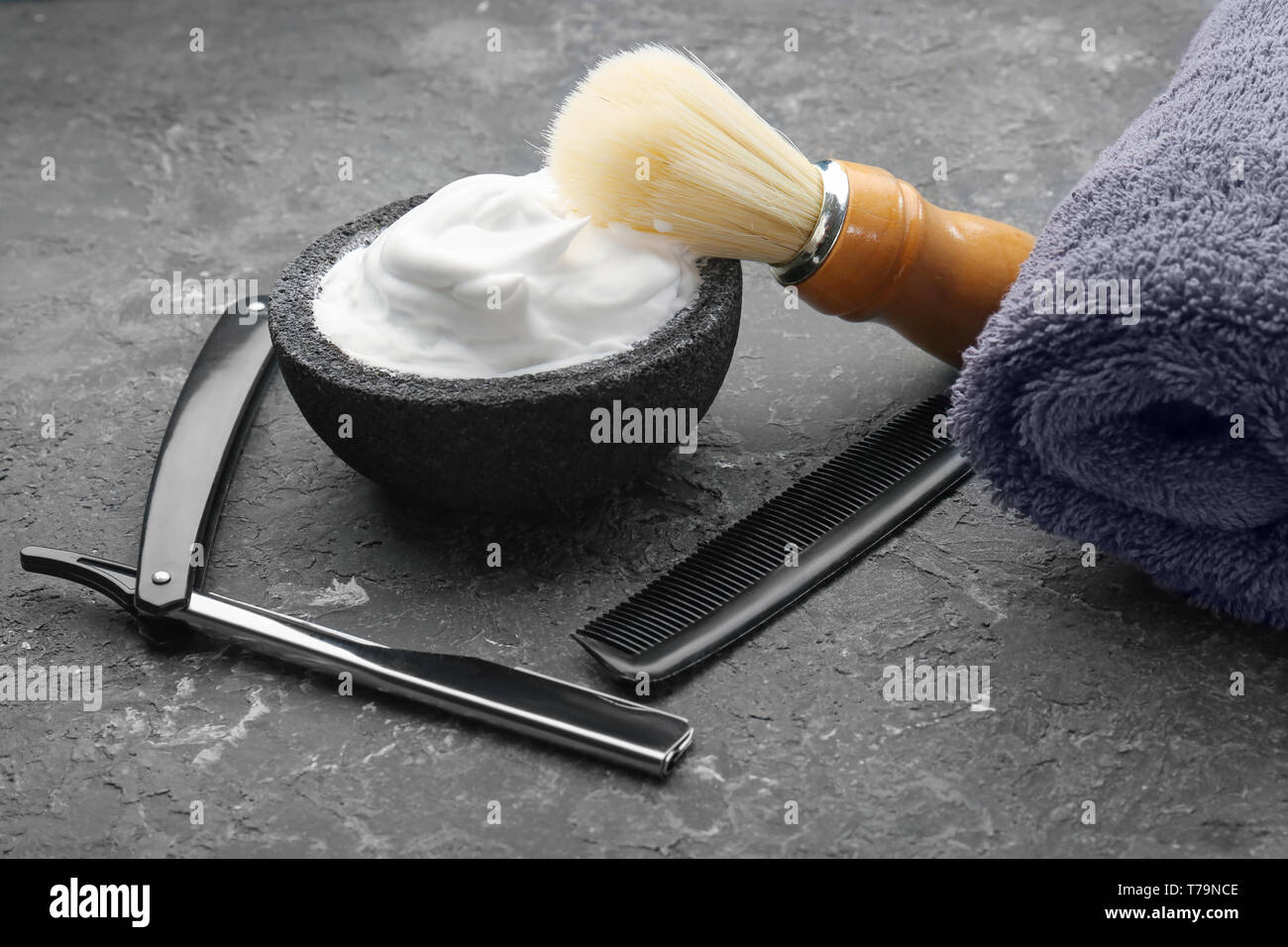 Set for shaving on textured background Stock Photo