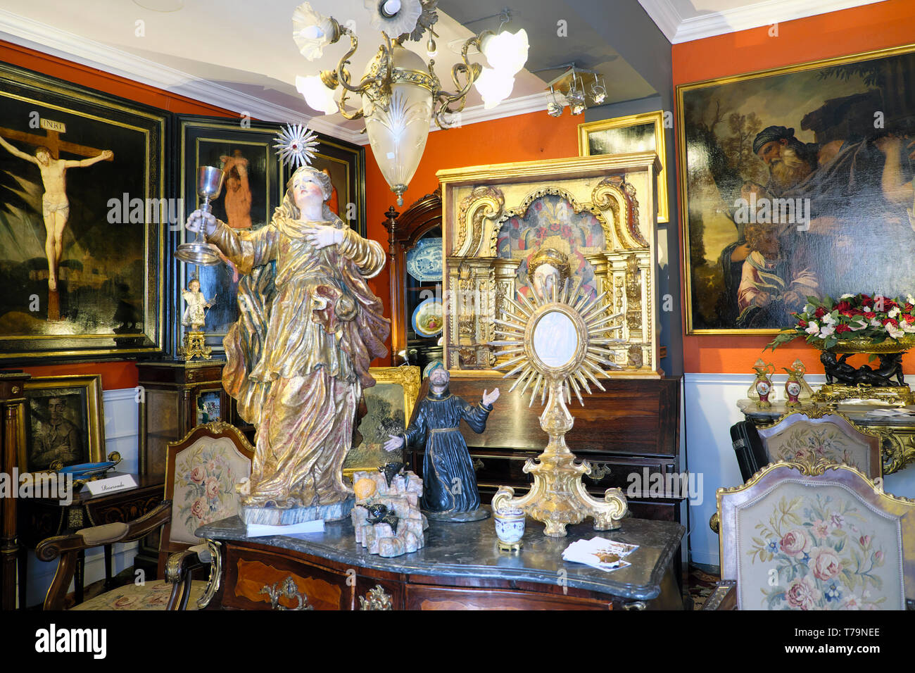 Antique store interior with religious spiritual Christian antiques near