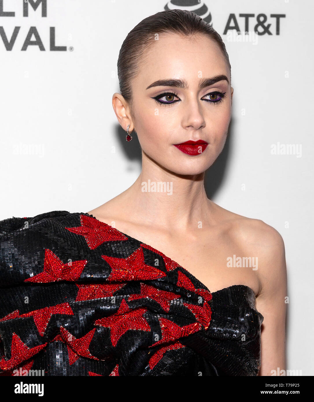New York, NY - May 02, 2019: Lily Collins wearing dress by Yves Saint