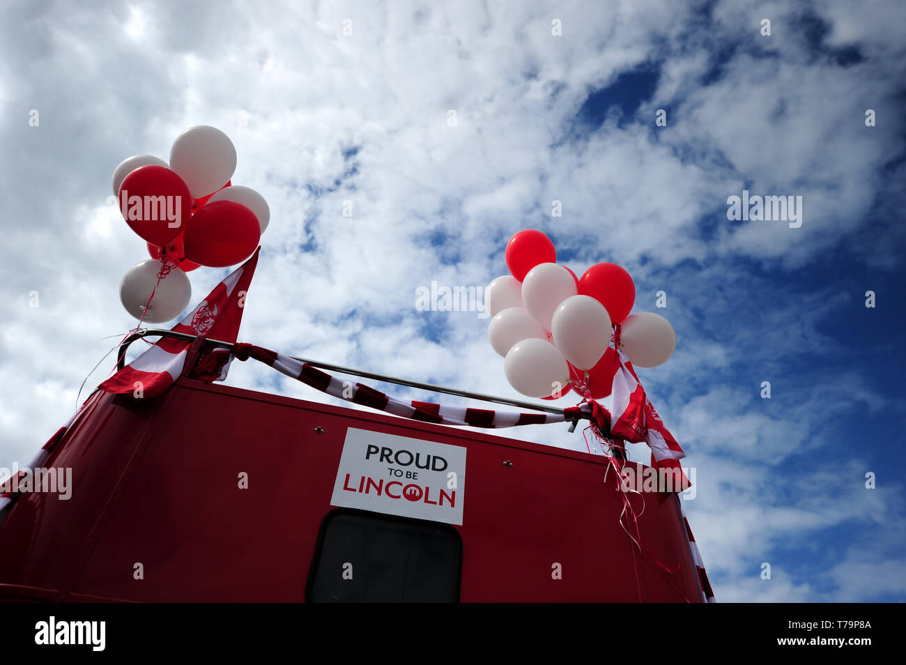 The player's bus before the victory parade through Lincoln City centre. Stock Photo