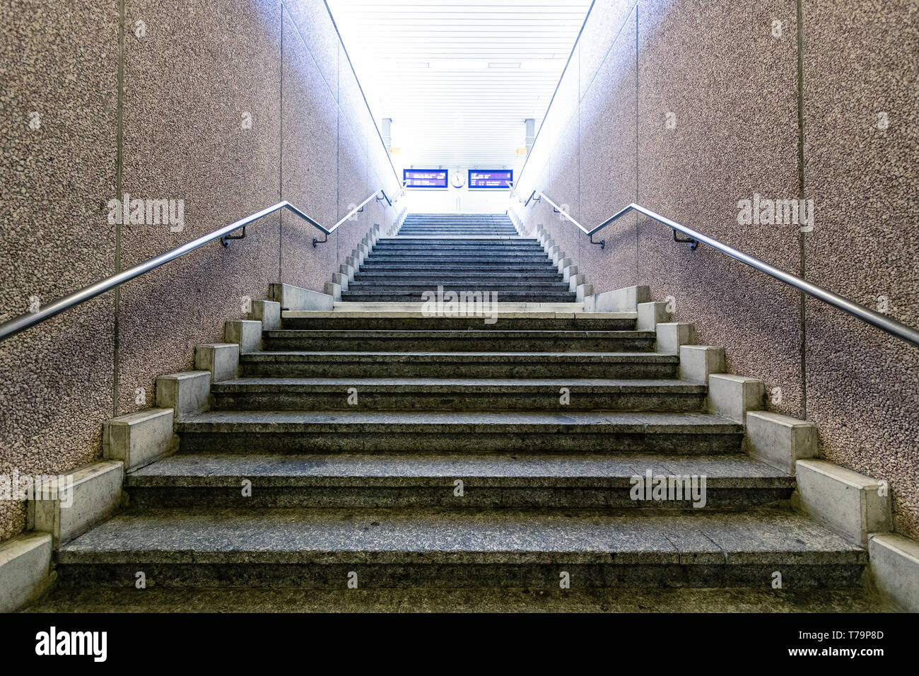 Empty staircase in a railway station upwards view. Railway station Basel Bad, Switzerland. Stock Photo