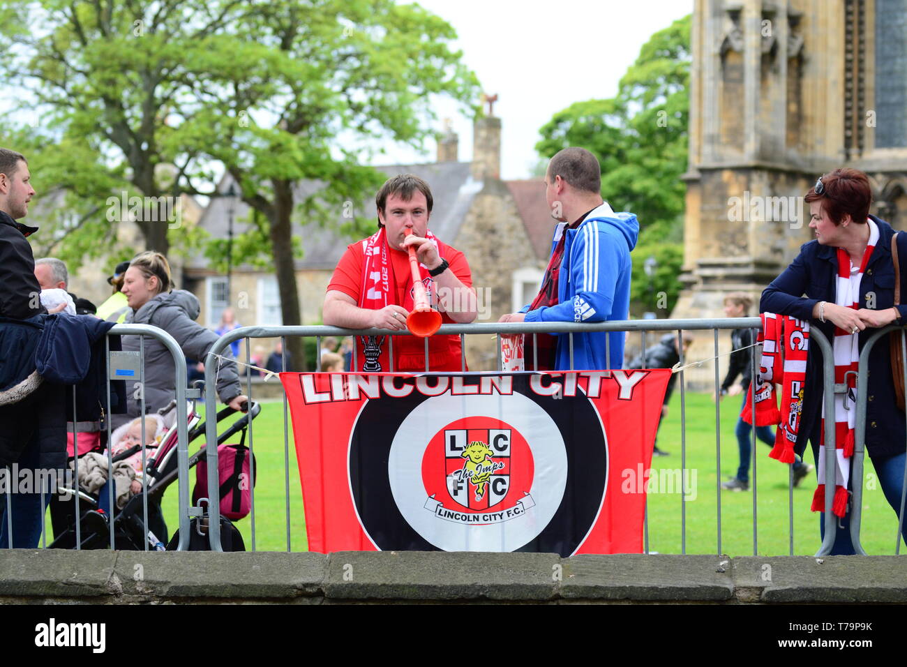 Fans before the victory parade through Lincoln City centre. Stock Photo