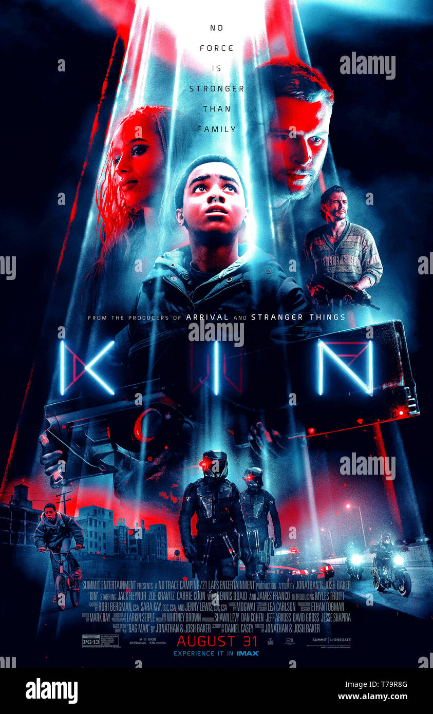 Kin (2018) directed by Jonathan Baker and Josh Baker and starring  Myles Truitt, Jack Reynor, Dennis Quaid  and James Franco. A boy finds a powerful weapon and uses it to save his brother. Stock Photo