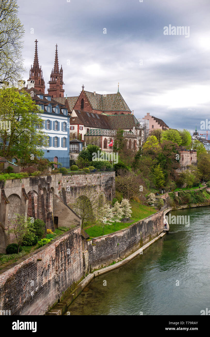 Basel, Switzerland. Rhine River and Munster Cathedral, Swiss Confederation medieval city Stock Photo