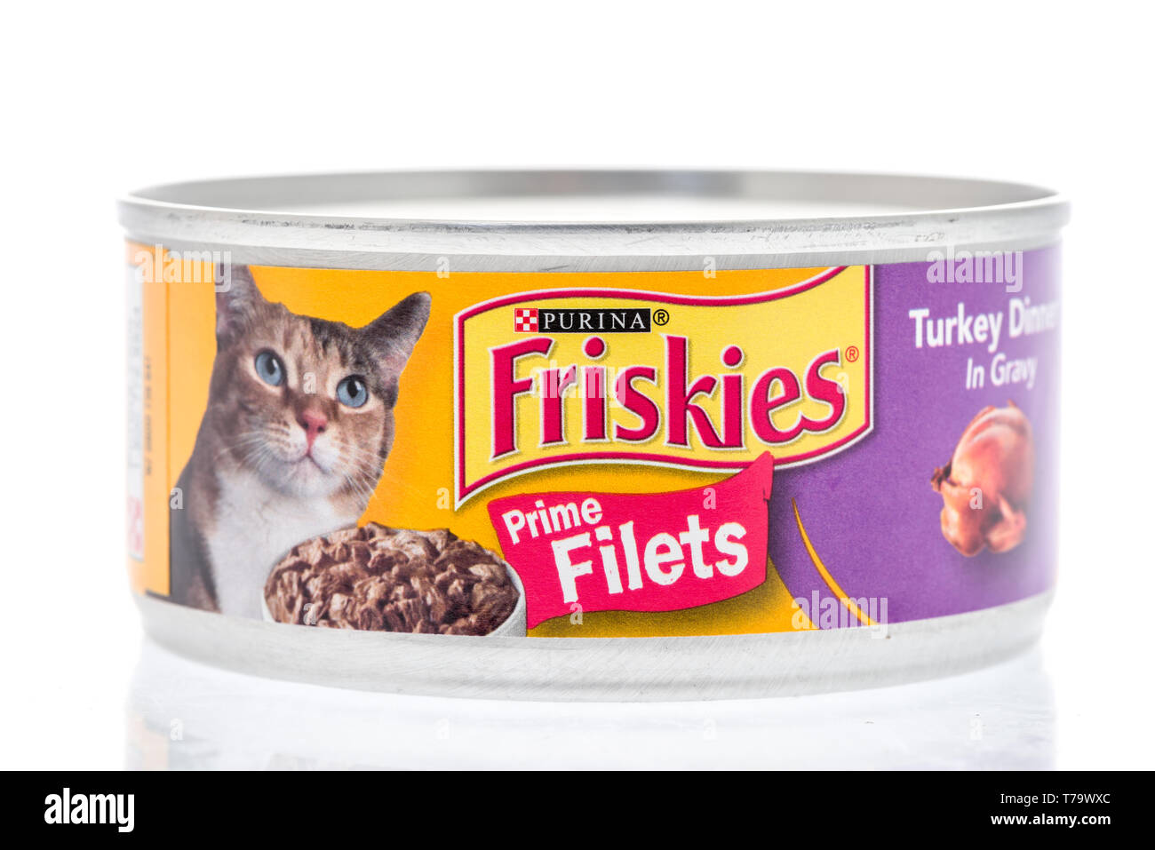 Winneconne, WI -  26 April 2019: A package of Purina frikies prime filets turkey dinner cat food on an isolated background Stock Photo