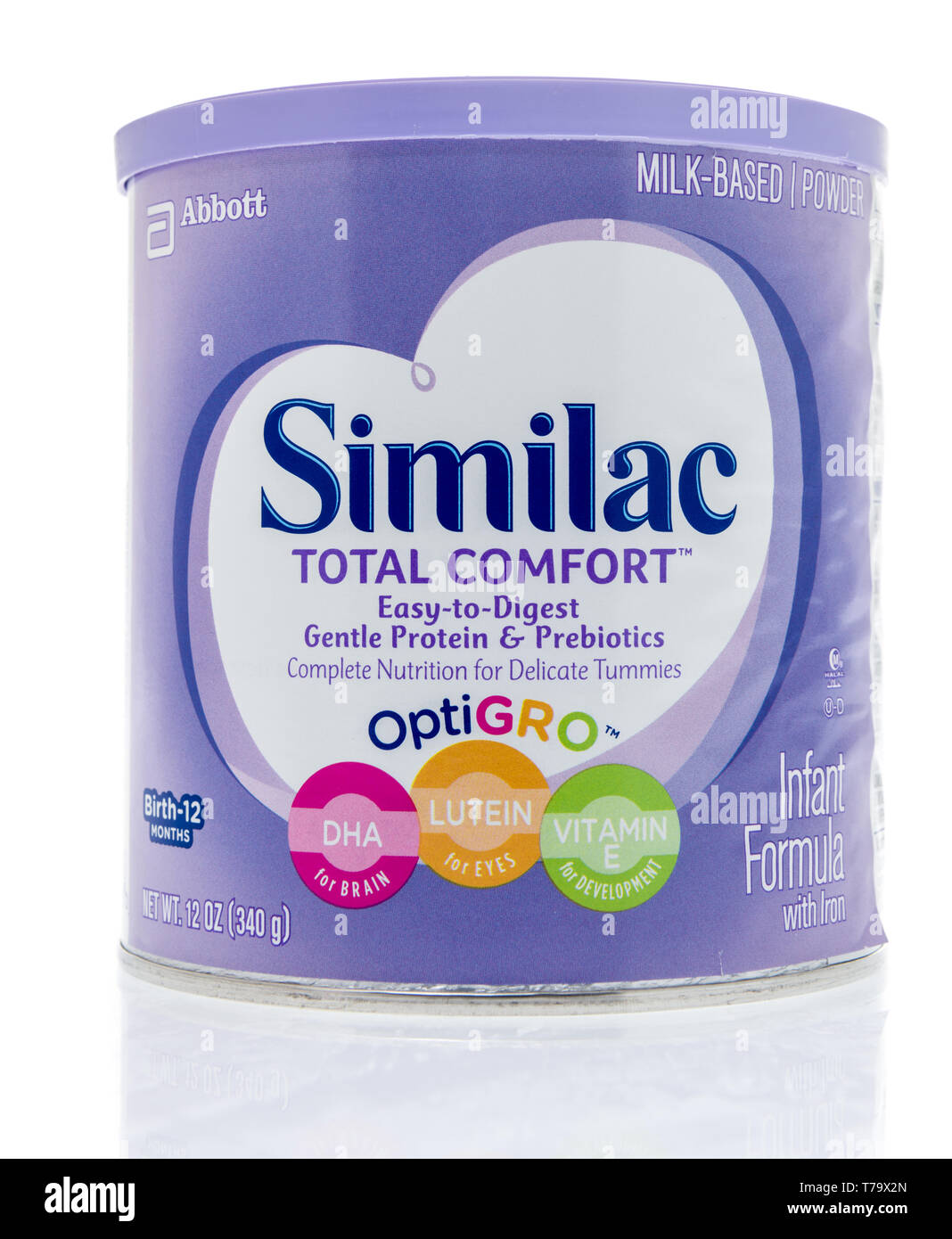 Winneconne, WI -  3 May 2019 : A package of Similac total comfort easy to digest gentle protein and prebiotics optigro infant formula on an isolated b Stock Photo