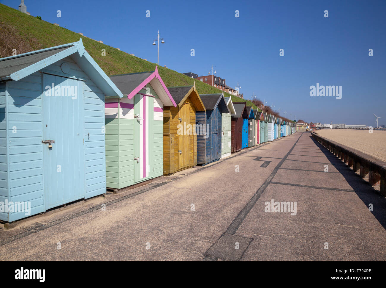 Beach huts along the seafront at Lowestoft, Suffolk, England Stock