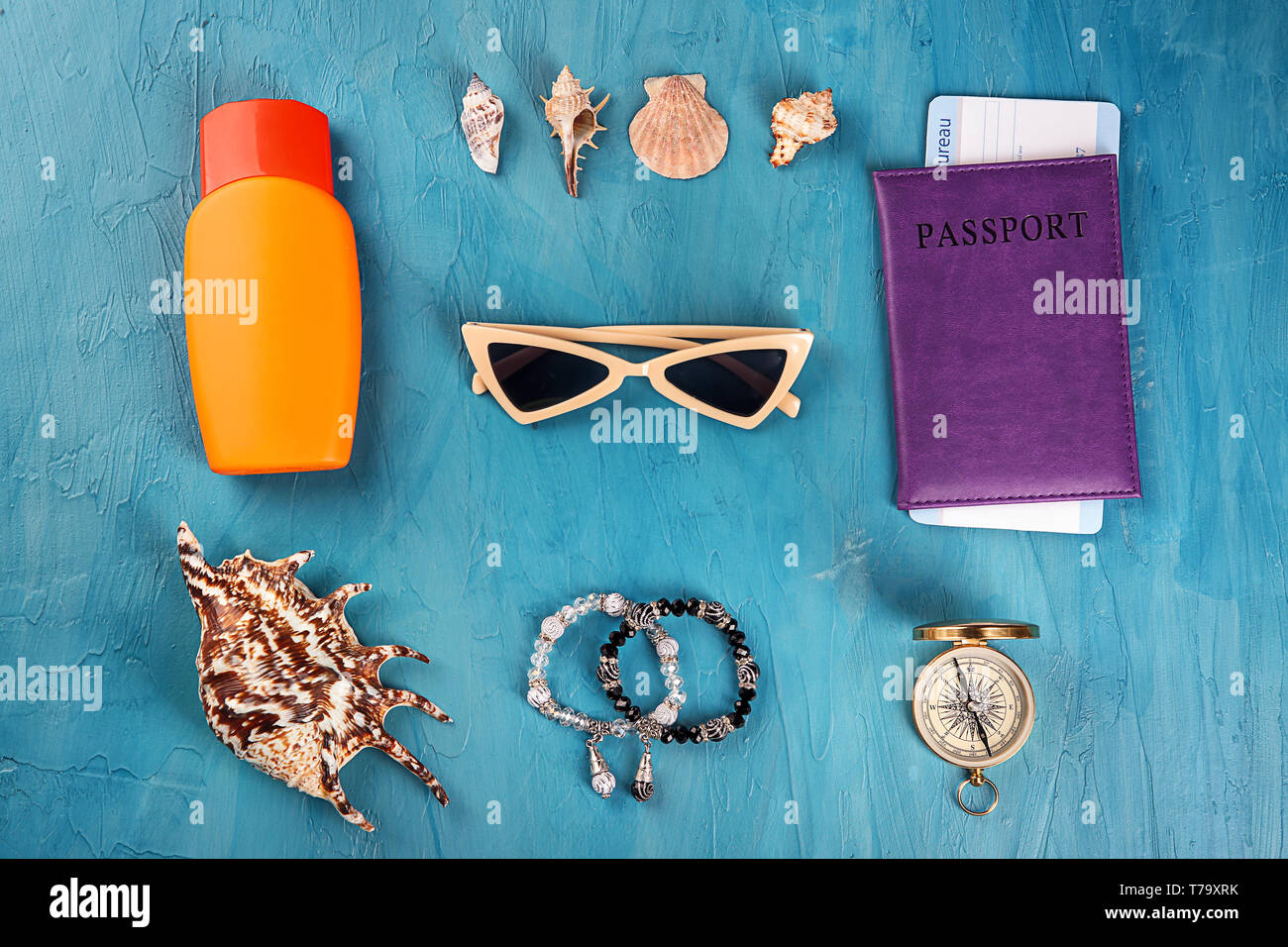 Composition with tourist's stuff on color background, top view Stock Photo