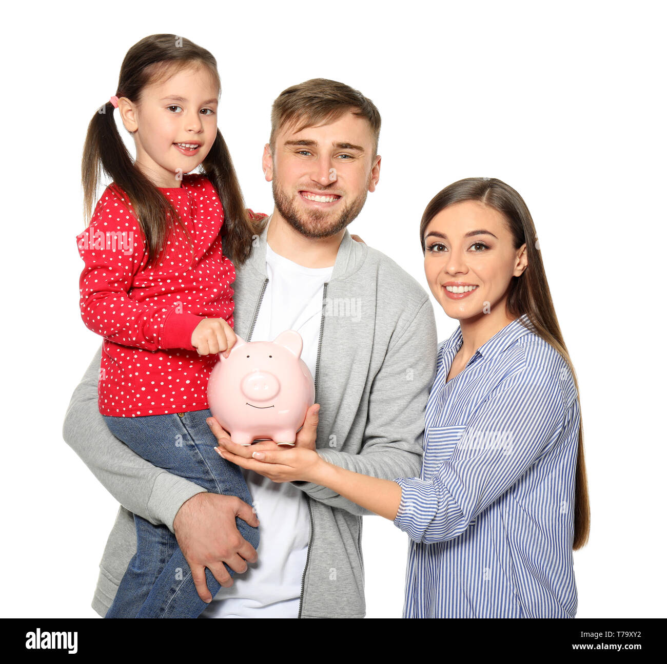 Happy young family with piggy bank on white background Stock Photo - Alamy