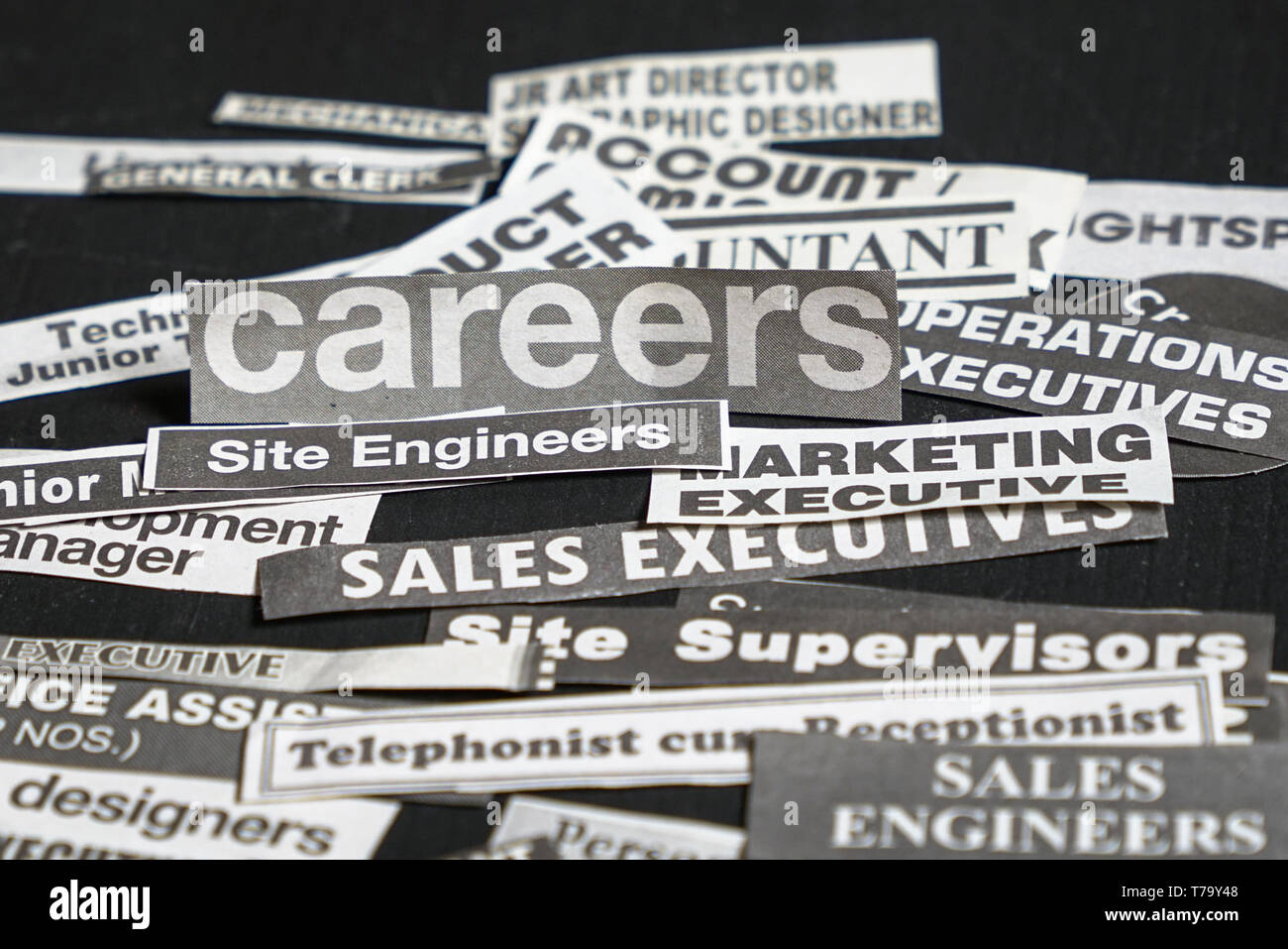 Jobs or careers concept multiple job titles or occupations cut off from newspaper with Careers
