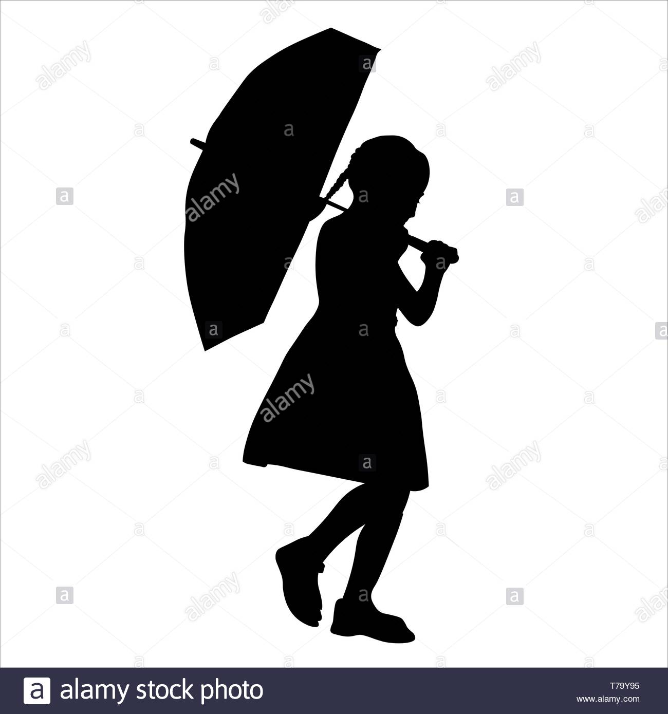 Little Girl With Umbrella Walks In The Rain Silhouette Stock