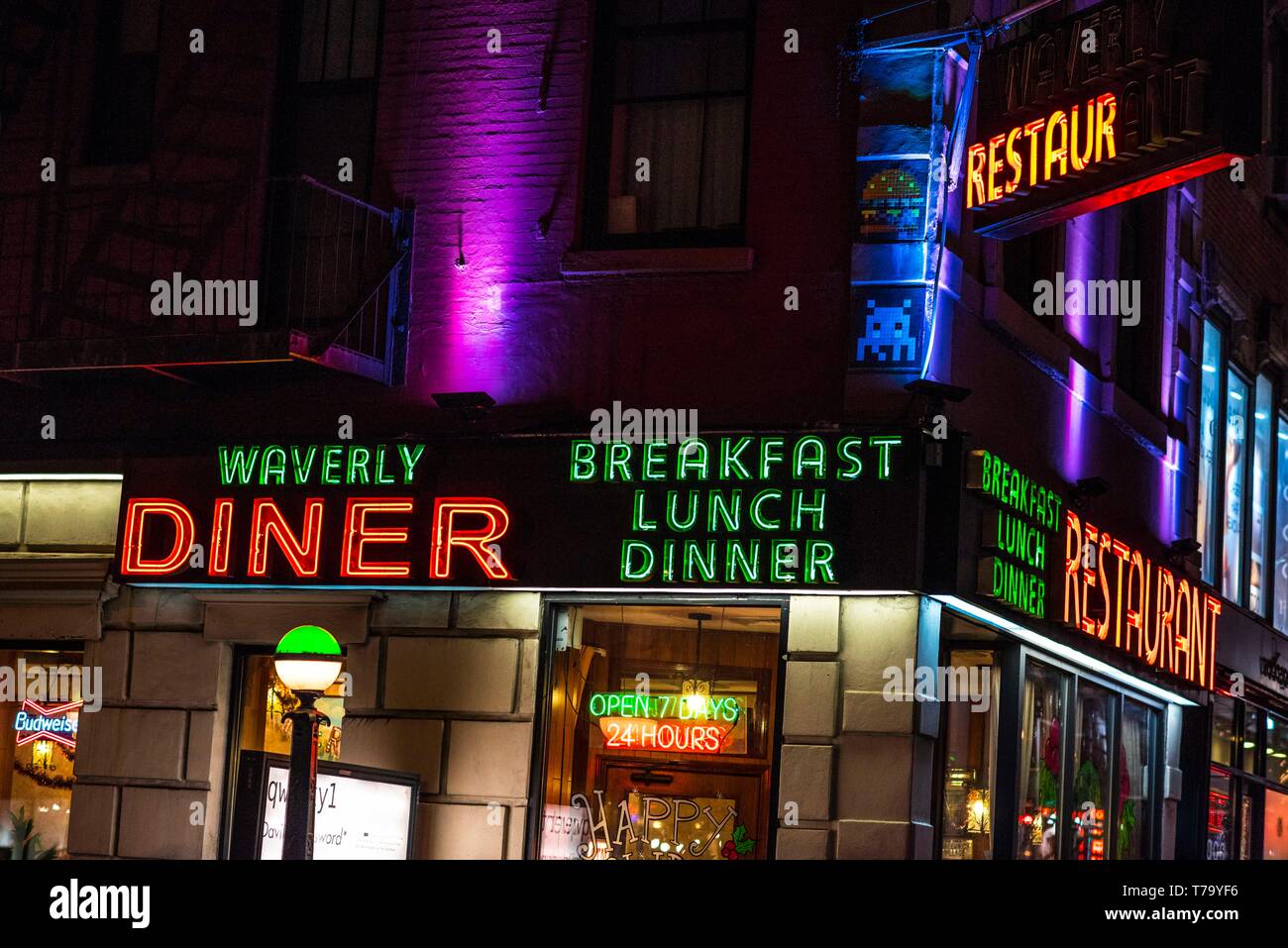 New York Diner with Neon Lights at Night Stock Photo