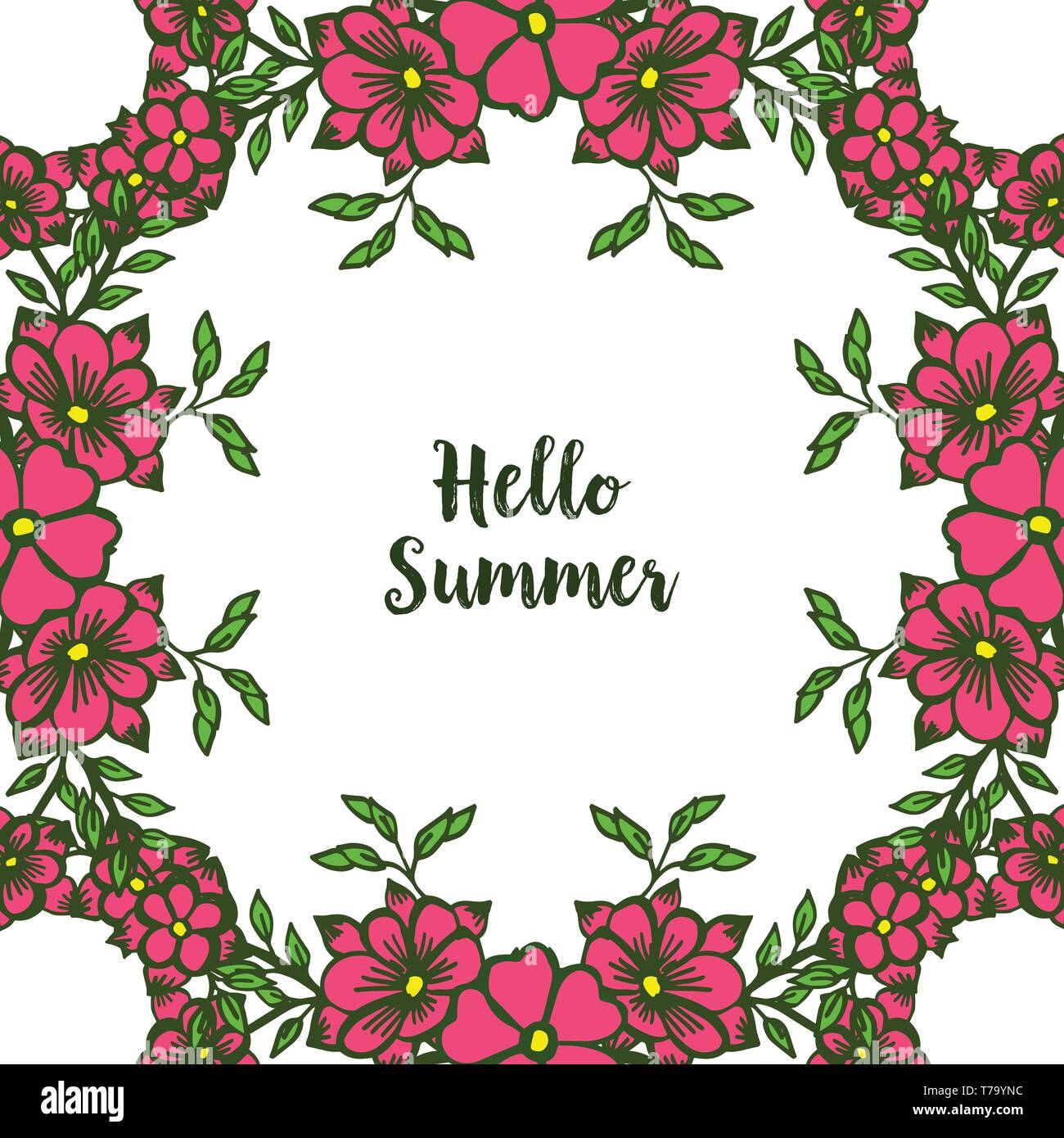 Vector illustration elegant red wreath frame with letter hello summer ...