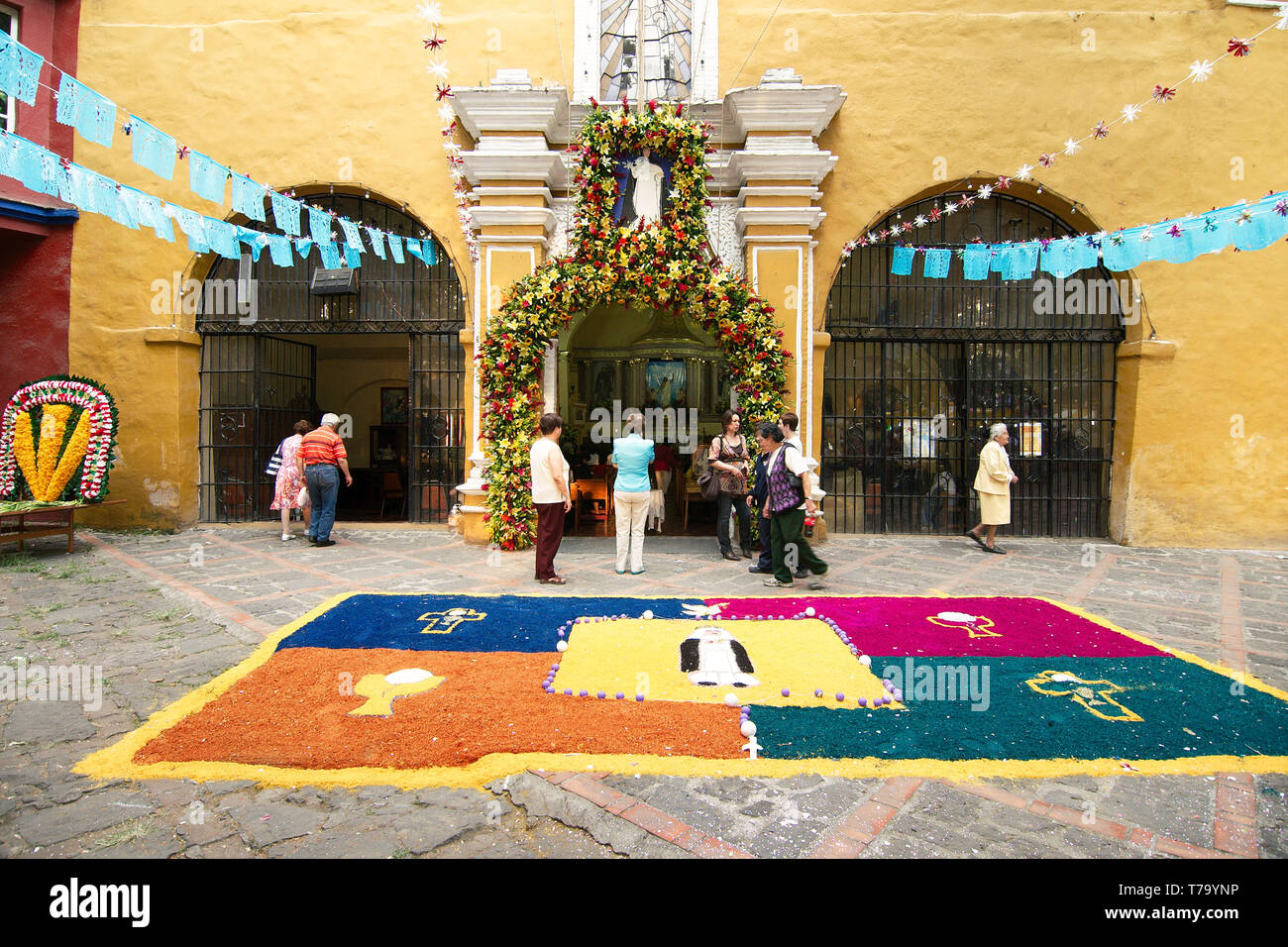 Mexico City, Mexico - April 2019: Easter decorations in front of the Chapel of Santa Catarina at the Coyoacan district. Stock Photo