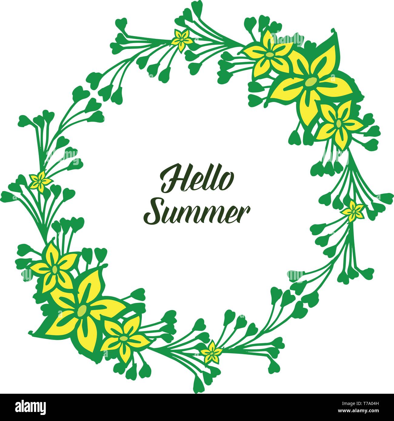 Vector illustration crowd yellow flower frame with writing hello summer ...