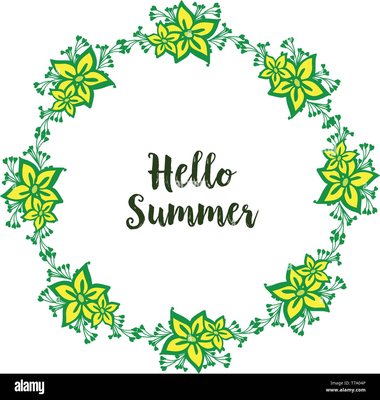 Vector illustration crowd yellow flower frame with writing hello summer ...
