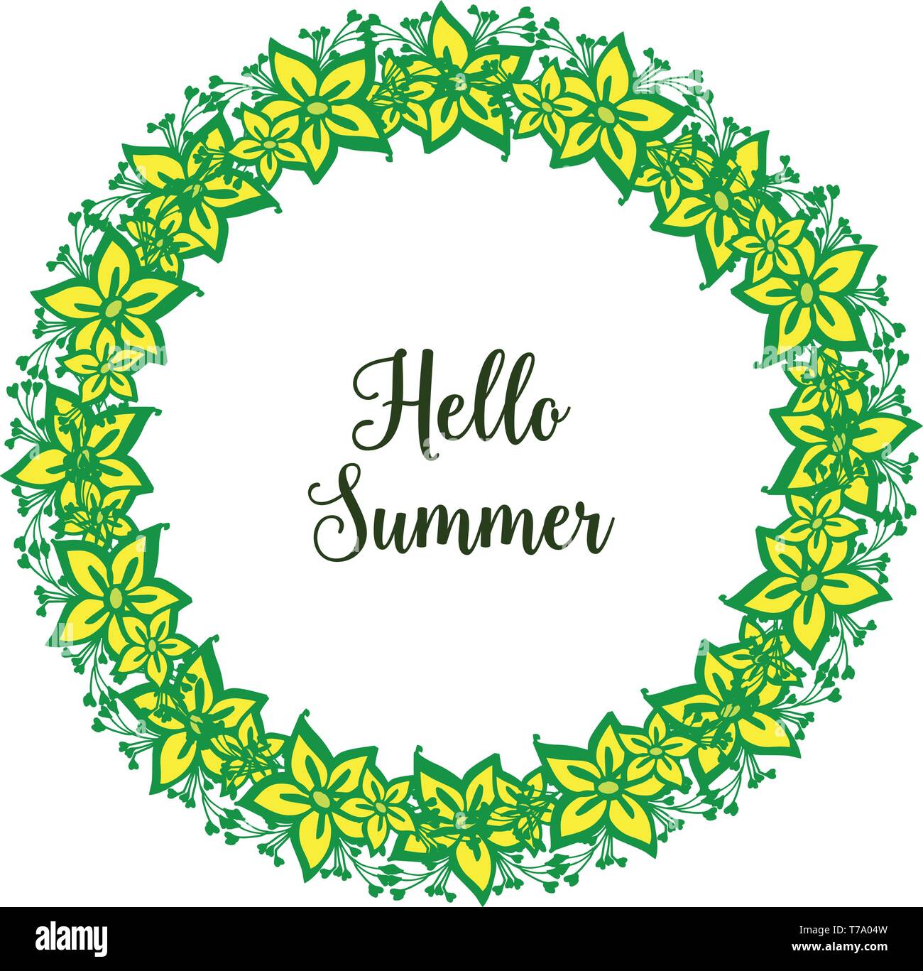 Vector illustration crowd yellow flower frame with writing hello summer ...