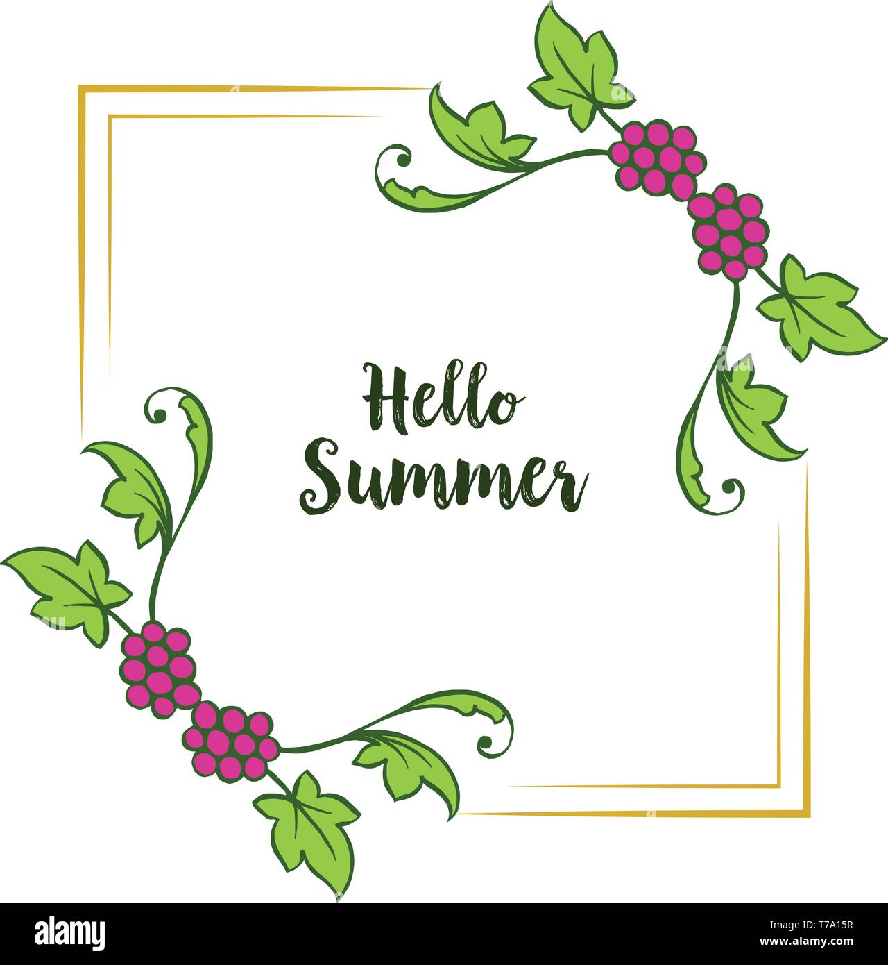 Vector illustration decor hello summer with pattern art frame wreath ...