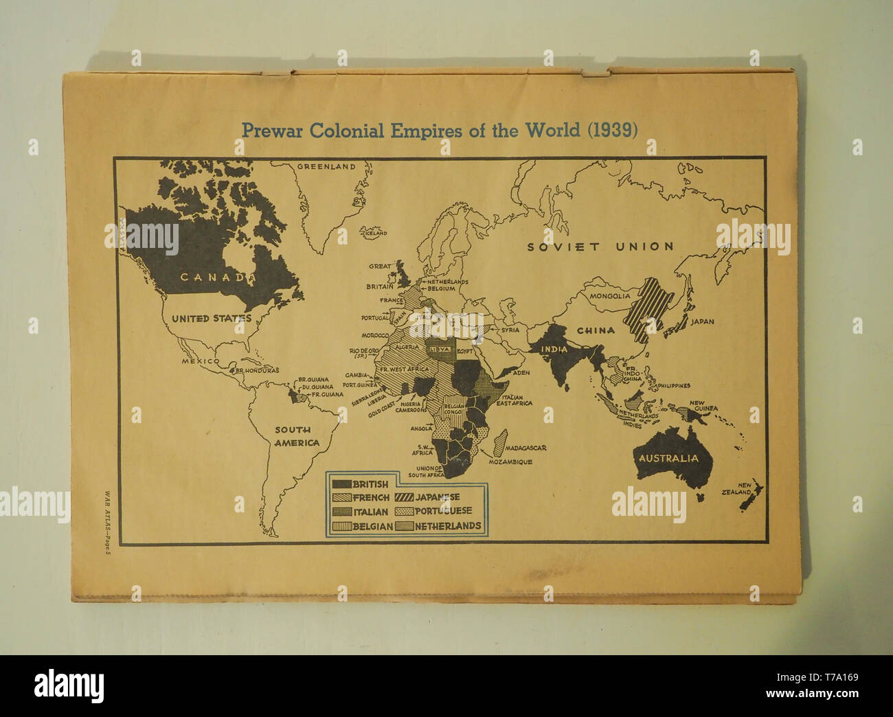 Editorial publication from January 2, 1943 showing the prewar colonial empires of the world as of 1939. The publication is from the American Education Stock Photo