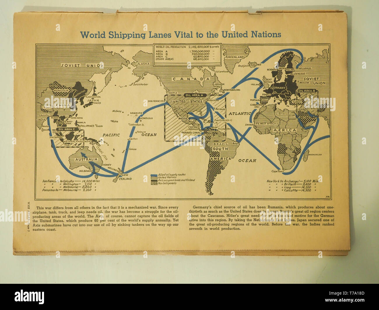 Editorial publication from January 2, 1943 showing the world shipping lanes  vital to the United Nations, distances and oil production in the world. Pu  Stock Photo - Alamy