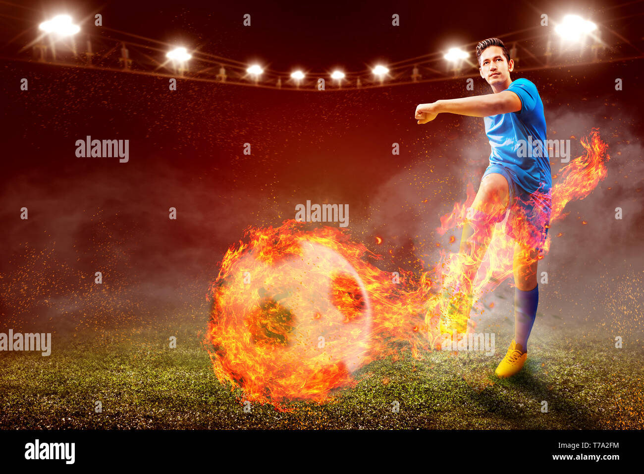 Fiery Soccer Player Isolated on Dark Background. the Concept of