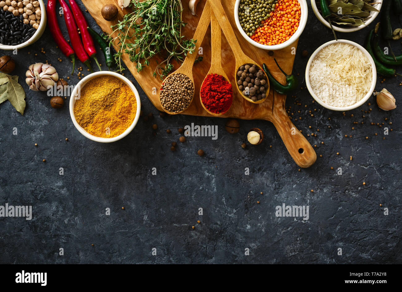 Spices, herbs, rice and various beans and seasonings for cooking on