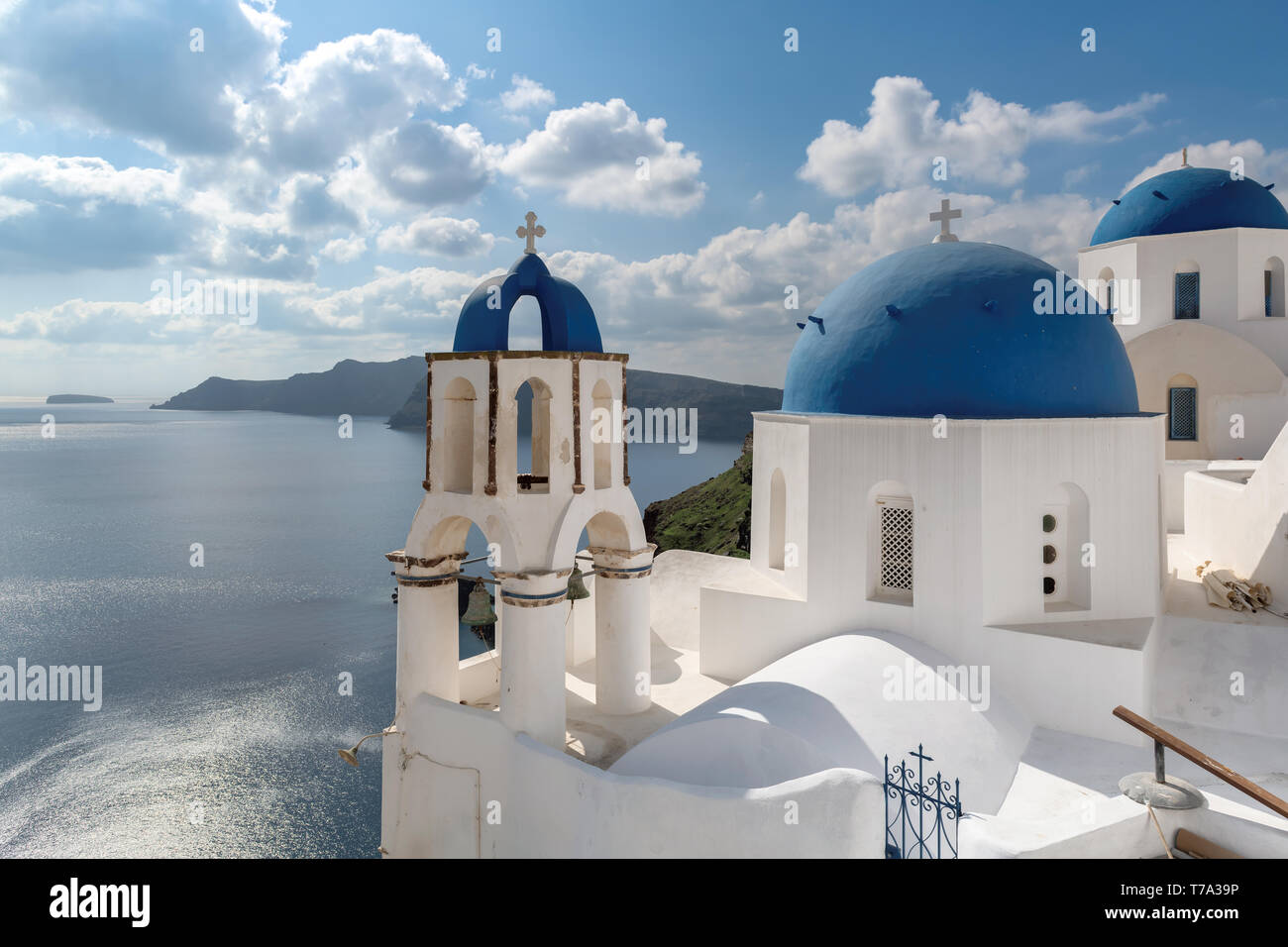 Blue domes churches on the Caldera at Oia on the Greek Island of Santorini, Greece. Stock Photo