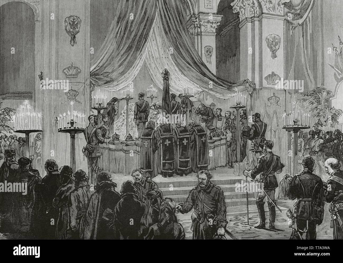 Alejandro II de Rusia (1818-1881). Zar del Imperio Ruso de 1855 hasta su asesinato en 1881. San Petersburgo. Exequias del Emperador Alejandro II en la Catedral de San Pedro y San Pablo, el 27 de marzo. Grabado. La Ilustración Española y Americana, 8 de abril de 1881. Stock Photo