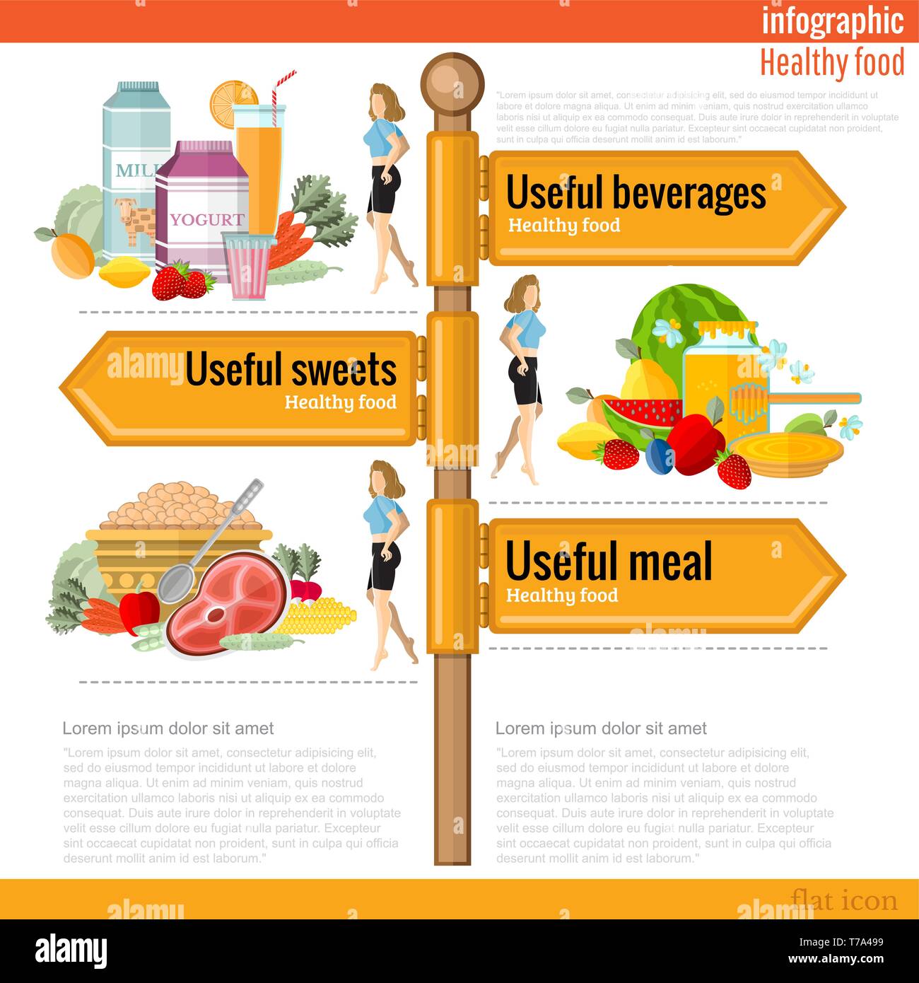 Health life brochure with woman and food in flat style Stock Vector Health life brochure with woman and food in flat style Stock Vector