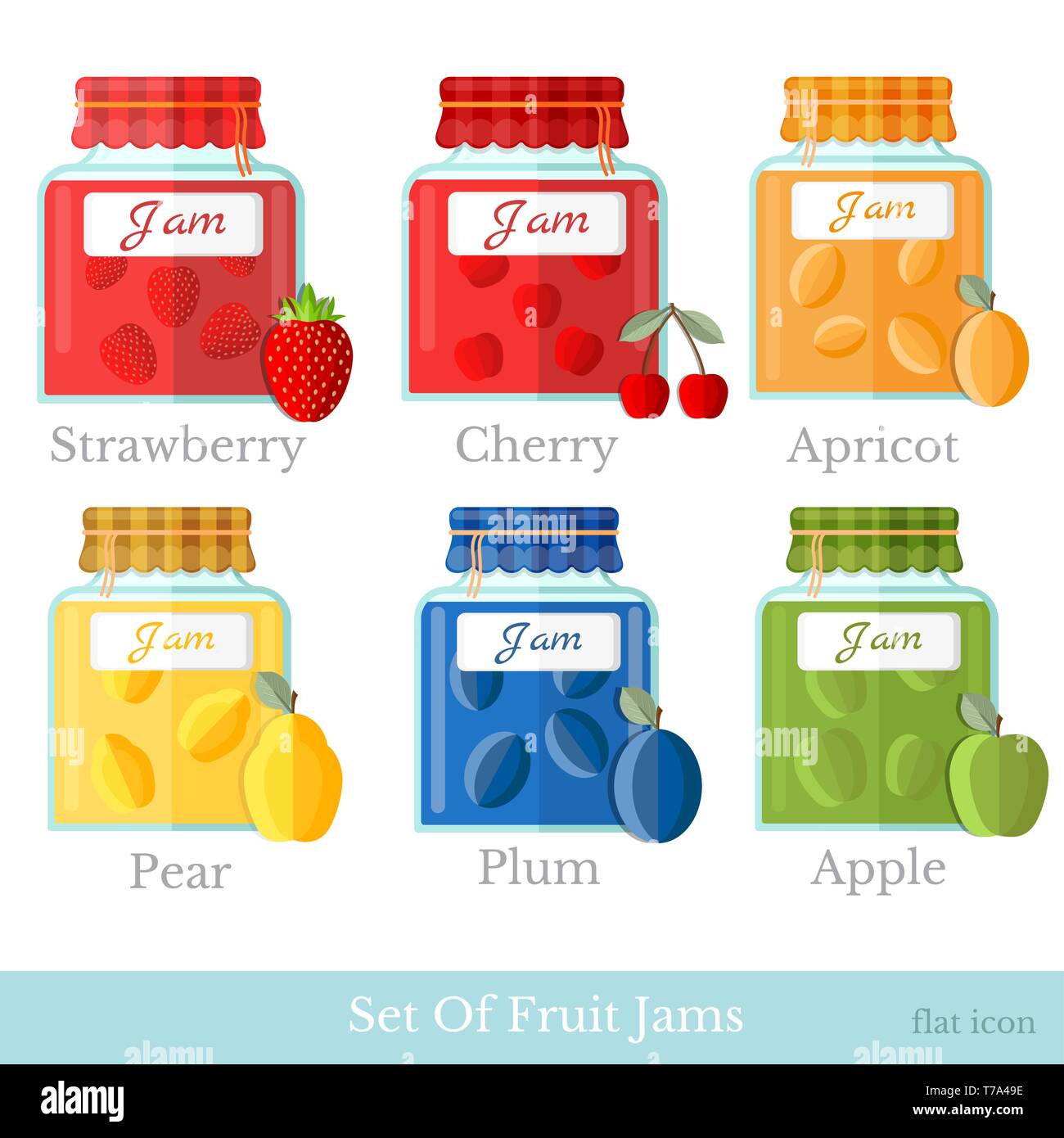 set of glass jars with different fruit jam. Home preservation flat