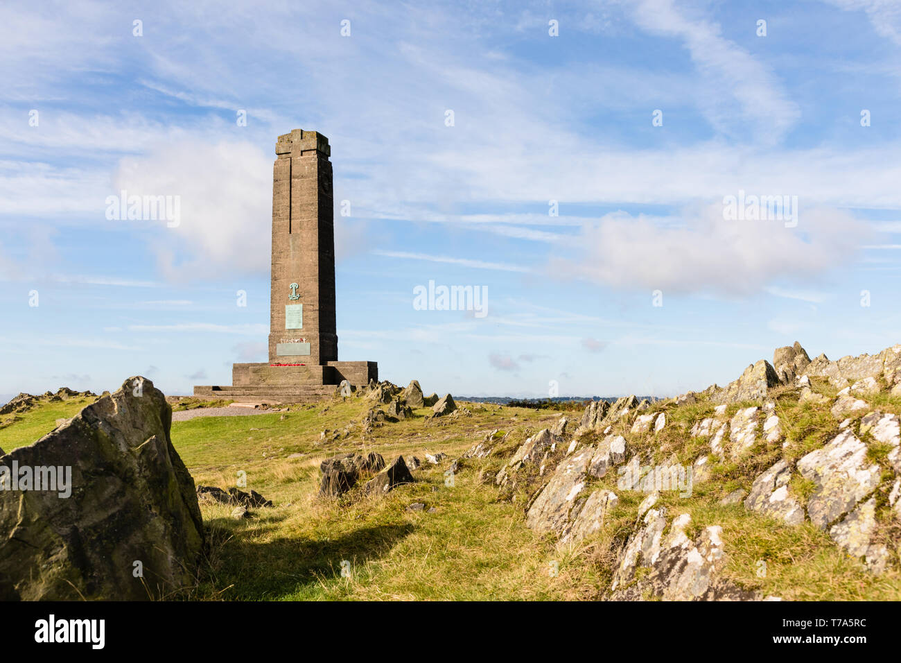 Bradgate, Leicestershire / UK - September 19th 2017: A concrete obelisk - the Leicestershire Yeomanry War Memorial standing on a hilltop amidst rocks. Stock Photo